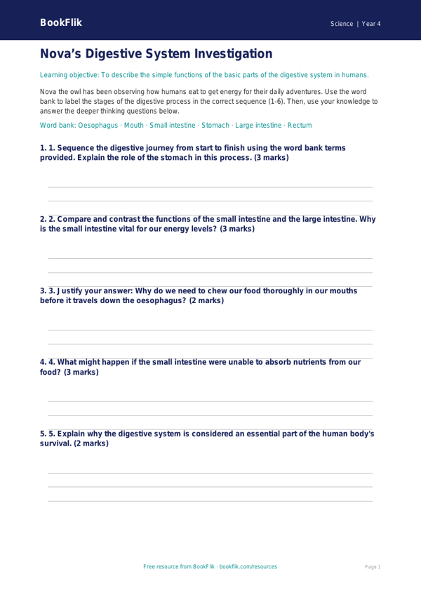 Free Human Body Activity Sheet | Grade 3 | Science | BookFlik worksheet preview — Science Human Body