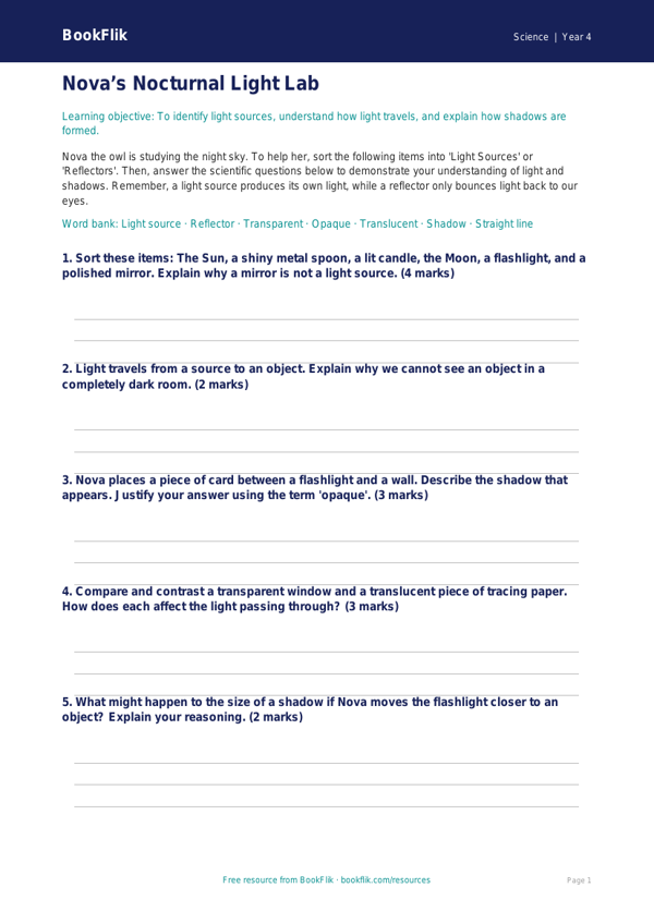 Free Light Activity Sheet | Grade 3 | Science | BookFlik worksheet preview — Science Light