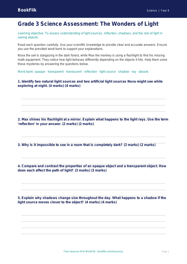 Free Light Assessment | Grade 3 | Science | BookFlik worksheet preview — Science Light