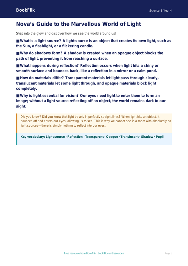Free Light Poster | Grade 3 | Science | BookFlik worksheet preview — Science Light