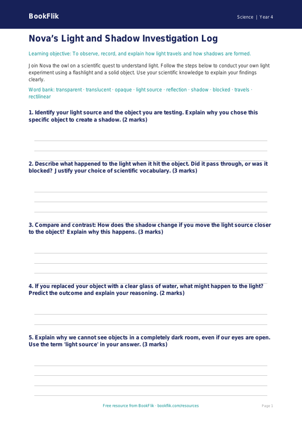 Light Science Lesson Plan | Grade 3 | Light Template | BookFlik worksheet preview — Science Light