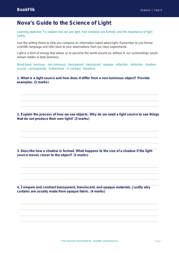 Free Light Writing Frame | Grade 3 | Science | BookFlik worksheet preview — Science Light