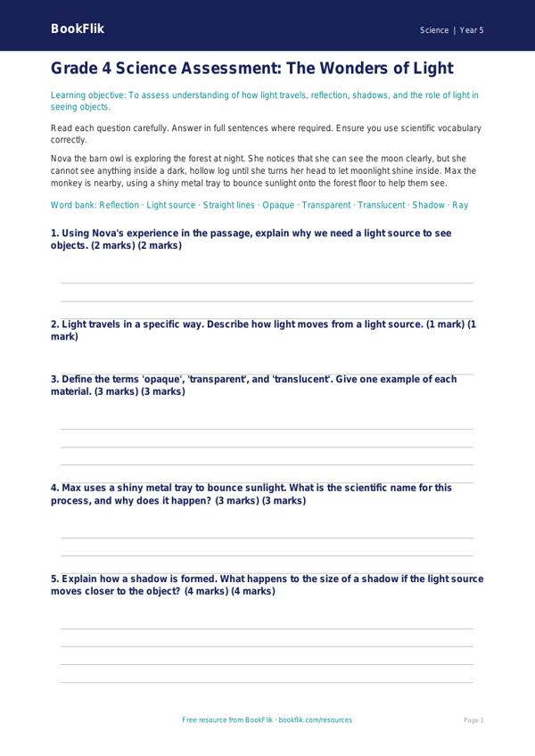 Free Light Assessment | Grade 4 | Science | BookFlik worksheet preview — Science Light