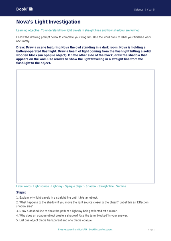 Free Light Drawing Sheet | Grade 4 | Science | BookFlik worksheet preview — Science Light