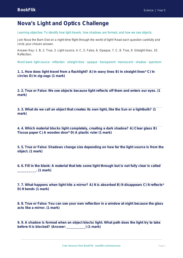 Free Light Quiz | Grade 4 | Science | BookFlik worksheet preview — Science Light