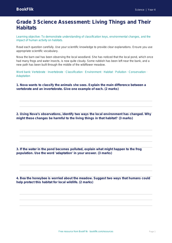 Science living things assessment grade 3 greater depth worksheet preview — Science Living Things