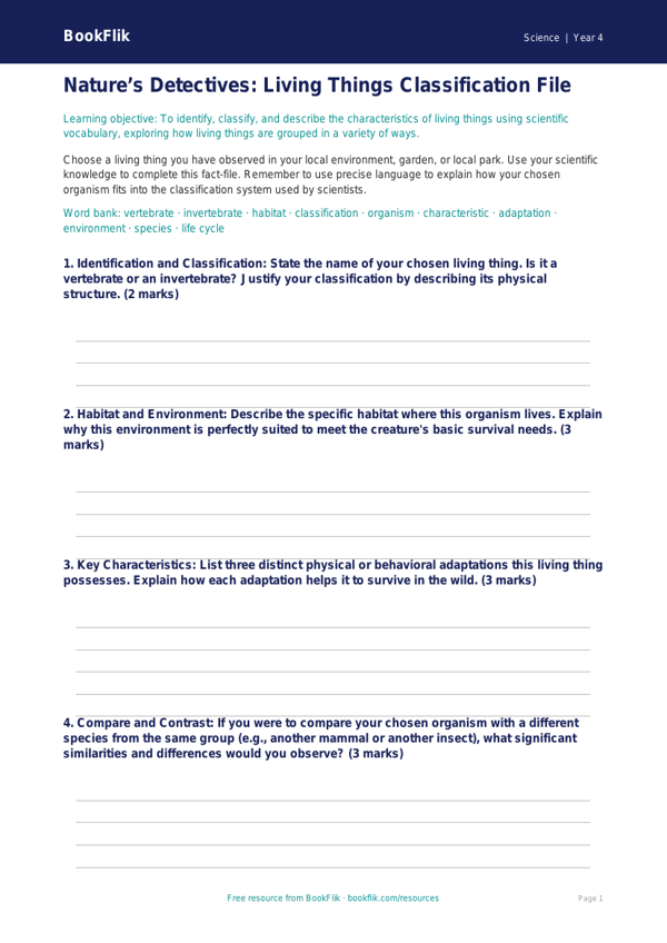Free Living Things Template | Grade 3 | Science | BookFlik worksheet preview — Science Living Things