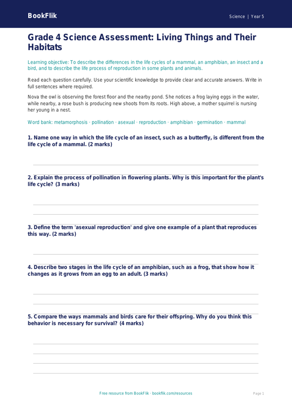 Free Living Things Assessment | Grade 4 | Science | BookFlik worksheet preview — Science Living Things