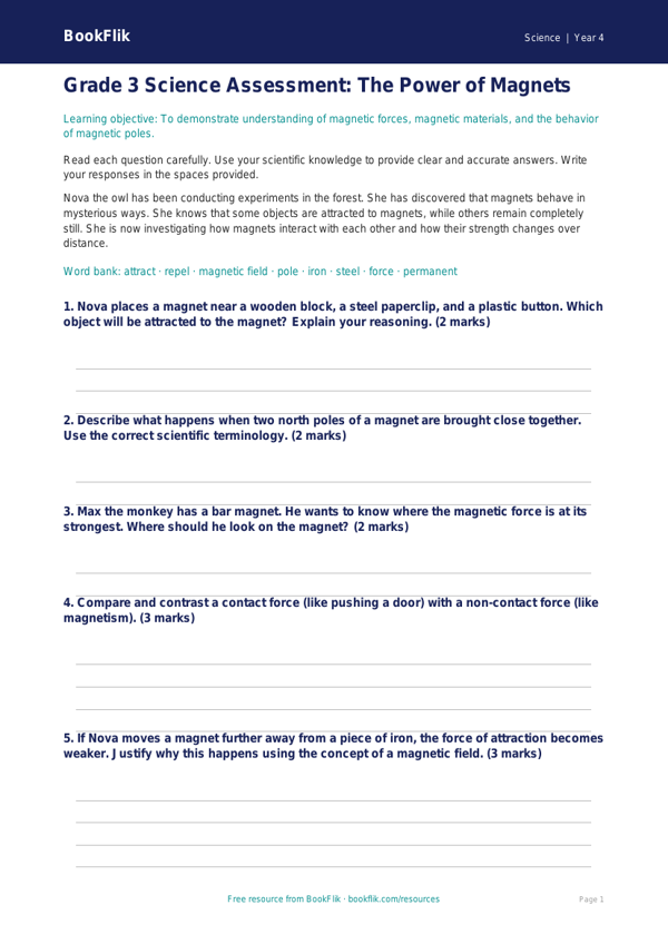 Free Magnets Assessment | Grade 3 | Science | BookFlik worksheet preview — Science Magnets