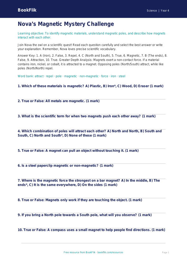 Free Magnets Quiz | Grade 3 Science Worksheet | BookFlik worksheet preview — Science Magnets