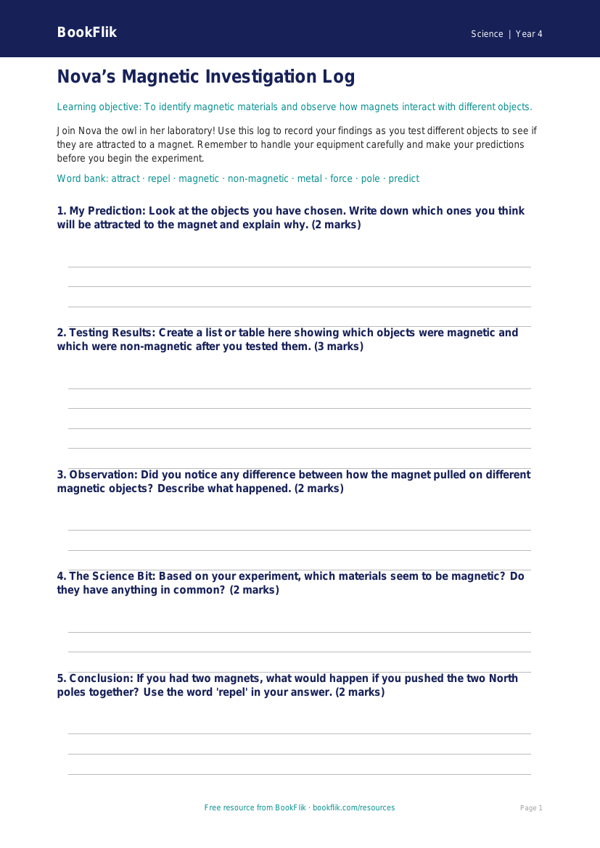 Free Magnets Template | Grade 3 | Science | BookFlik worksheet preview — Science Magnets