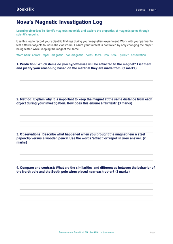 Free Magnets Template | Grade 3 | Science | BookFlik worksheet preview โ Science Magnets
