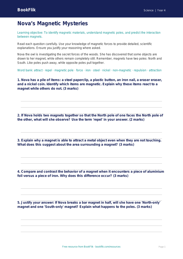 Free Magnets Worksheet | Grade 3 | Science | BookFlik worksheet preview — Science Magnets