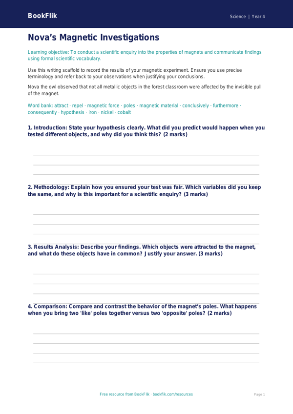 Free Magnets Writing Frame | Grade 3 | Science | BookFlik worksheet preview — Science Magnets