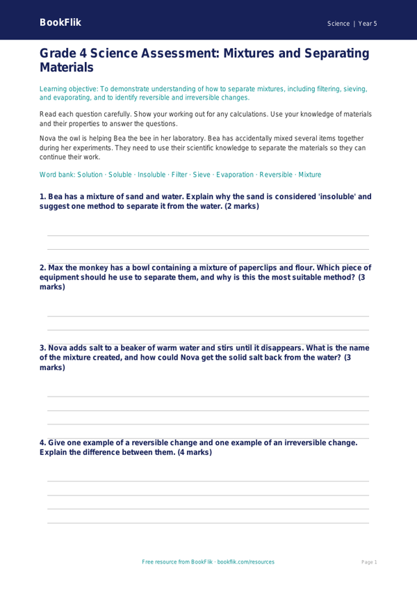 Free Mixtures Assessment | Grade 4 | Science | BookFlik worksheet preview — Science Mixtures