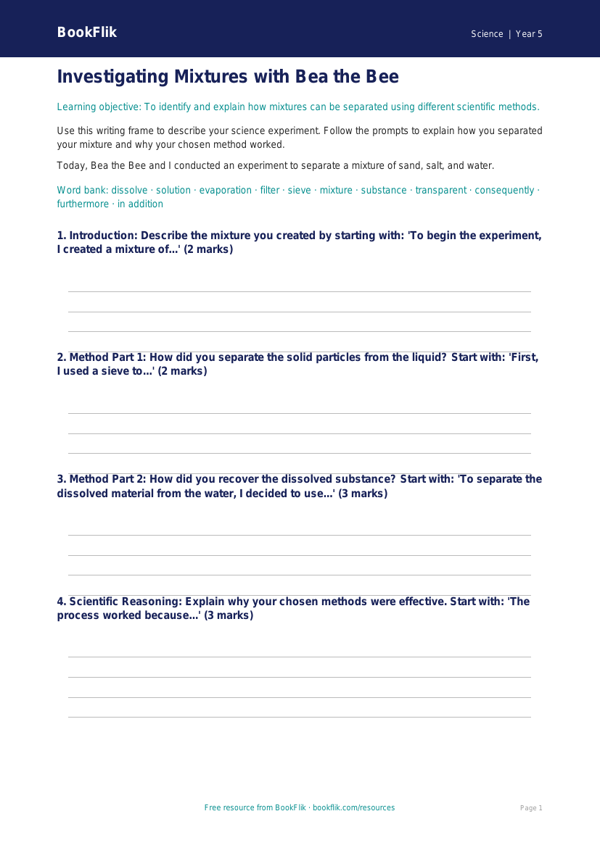 Free Mixtures Writing Frame | Grade 4 | Science | BookFlik worksheet preview — Science Mixtures