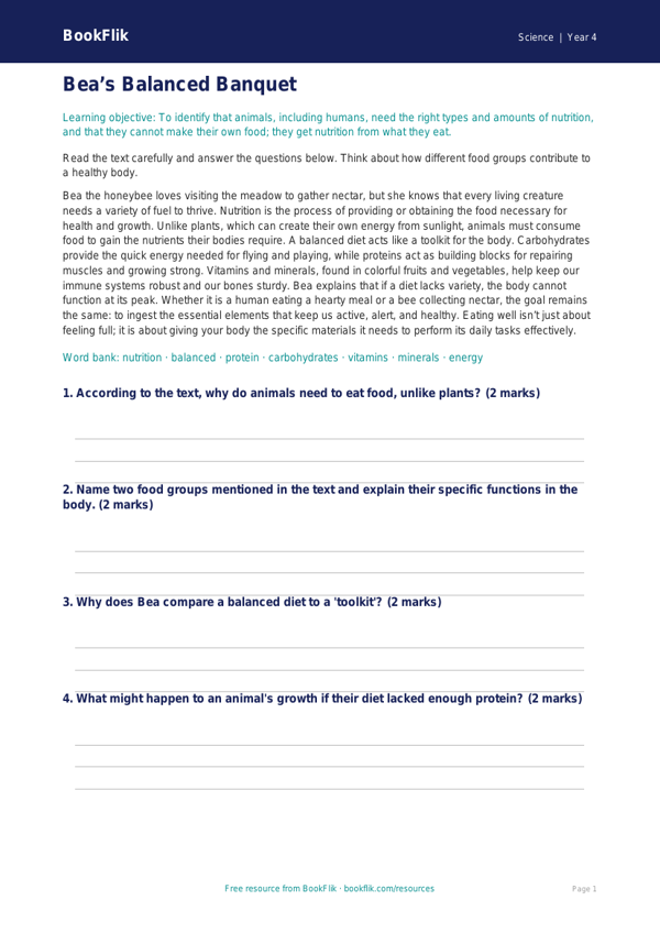 Free Nutrition Comprehension | Grade 3 | Science | BookFlik worksheet preview — Science Nutrition