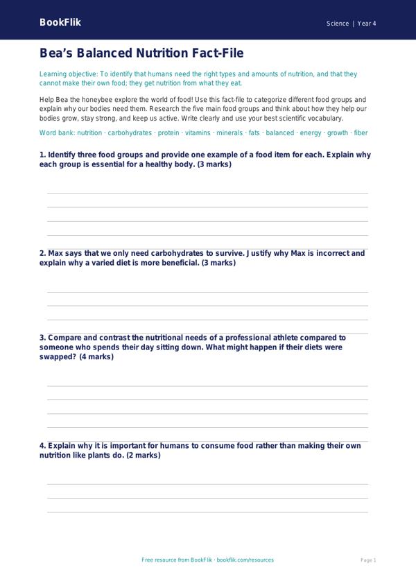 Free Nutrition Template | Grade 3 | Science | BookFlik worksheet preview โ Science Nutrition