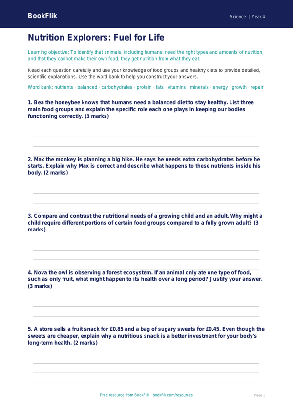 Free Nutrition Worksheet | Grade 3 | Science | BookFlik worksheet preview — Science Nutrition