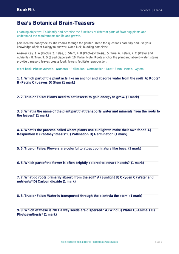 Free Plants Quiz | Grade 3 | Science | BookFlik worksheet preview — Science Plants