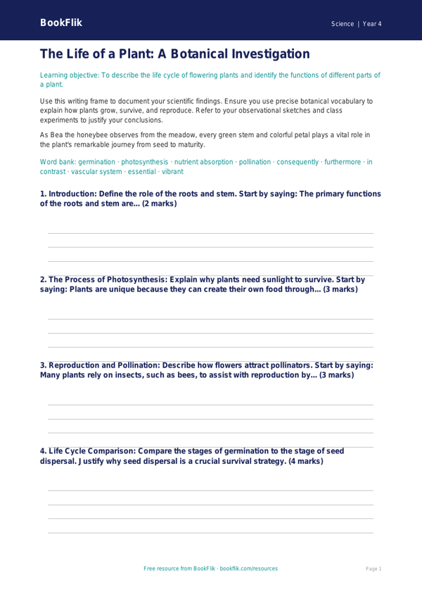 Science plants writing frame grade 3 greater depth worksheet preview — Science Plants