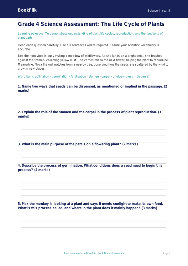 Free Plants Assessment | Grade 4 | Science | BookFlik worksheet preview — Science Plants