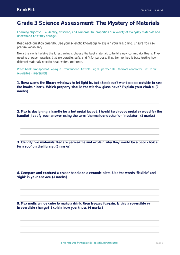 Free Properties Of Materials Assessment | Grade 3 | Science | BookFlik worksheet preview — Science Properties Of Materials