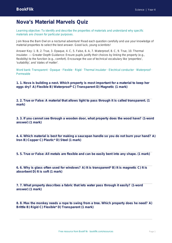 Free Properties Of Materials Quiz | Grade 3 | Science | BookFlik worksheet preview — Science Properties Of Materials
