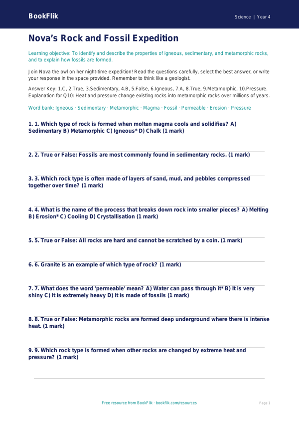 Free Rocks Quiz | Grade 3 | Science | BookFlik worksheet preview — Science Rocks