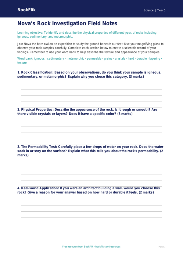 Free Rocks Template | Grade 4 | Science | BookFlik worksheet preview — Science Rocks