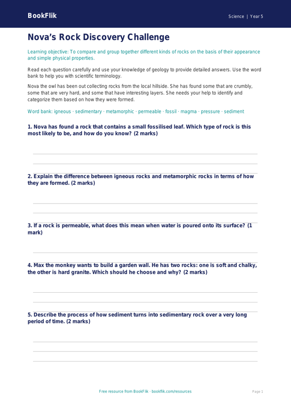 Free Rocks Worksheet | Grade 4 | Science | BookFlik worksheet preview — Science Rocks
