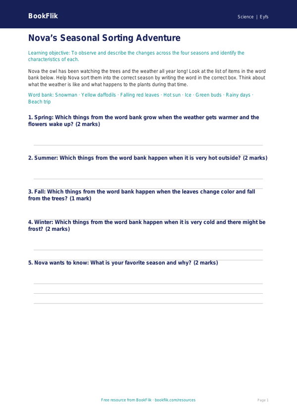 Free Seasonal Changes Activity Sheet | Pre-K | Science | BookFlik worksheet preview — Science Seasonal Changes