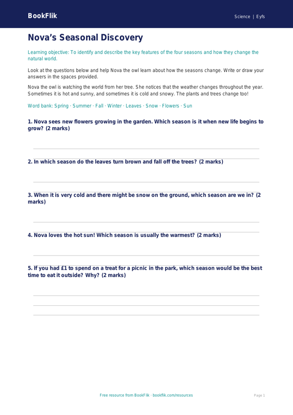 Free Seasonal Changes Worksheet | Pre-K | Science | BookFlik worksheet preview — Science Seasonal Changes