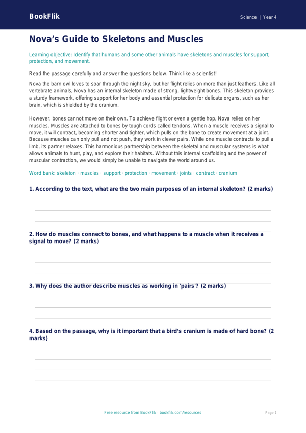 Free Skeleton And Muscles Comprehension | Grade 3 | Science | BookFlik worksheet preview โ Science Skeleton And Muscles