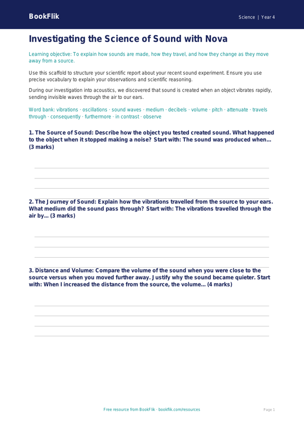 Sound Writing Frame | Grade 3 Science Activity | BookFlik worksheet preview — Science Sound