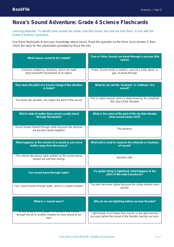 Sound Flashcards Grade 4 Free | Science Lesson | BookFlik worksheet preview — Science Sound