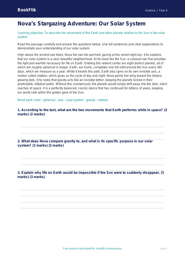 Free Space Comprehension | Grade 3 | Science | BookFlik worksheet preview — Science Space