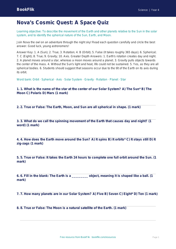 Space Quiz Grade 3 Free | Science Worksheet | BookFlik worksheet preview — Science Space