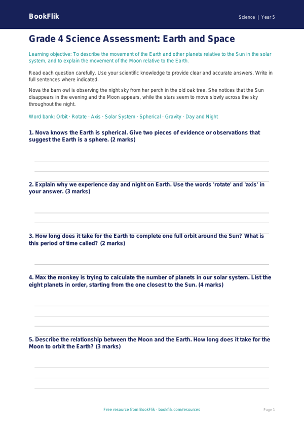 Free Space Assessment | Grade 4 | Science | BookFlik worksheet preview — Science Space