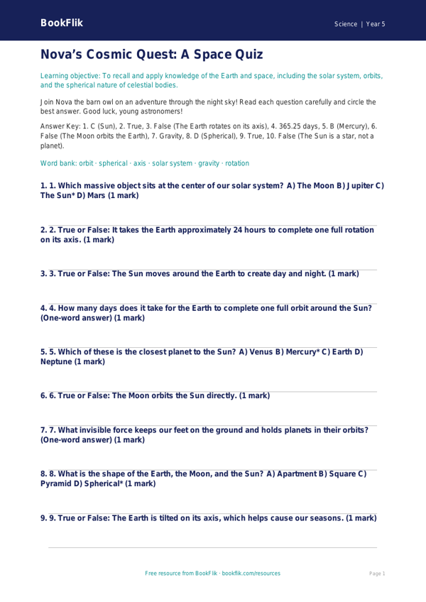 Space Quiz Grade 4 Free | Science Worksheet | BookFlik worksheet preview — Science Space