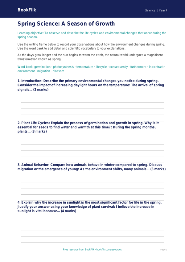 Free Spring Science Writing Frame | Grade 3 | Science | BookFlik worksheet preview — Science Spring Science