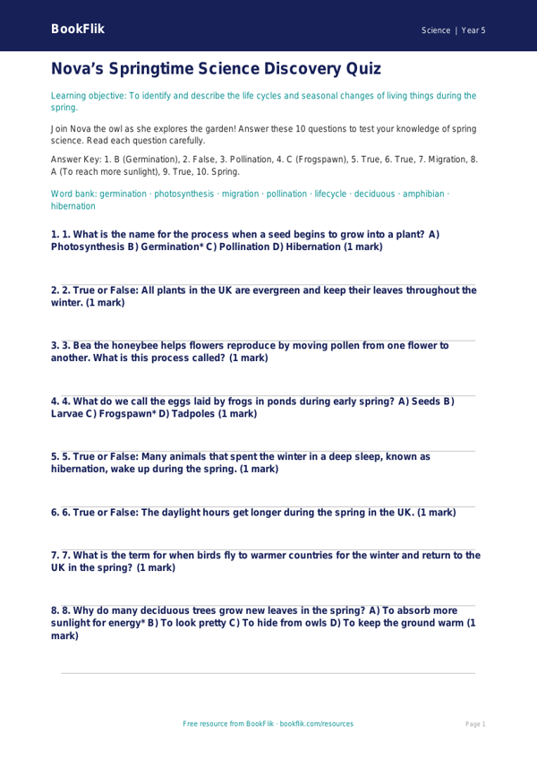 Free Spring Science Quiz | Grade 4 | Science | BookFlik worksheet preview — Science Spring Science