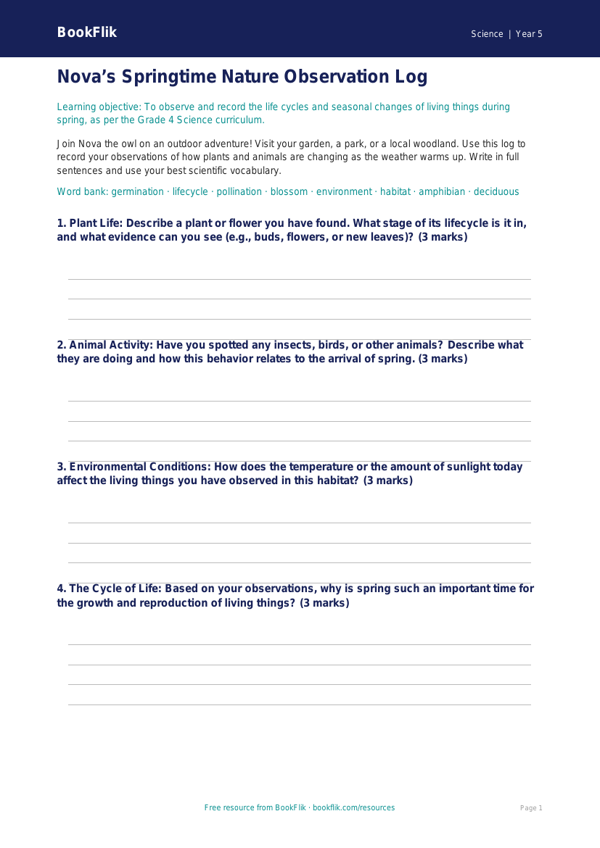 Free Spring Science Template | Grade 4 | Science | BookFlik worksheet preview — Science Spring Science