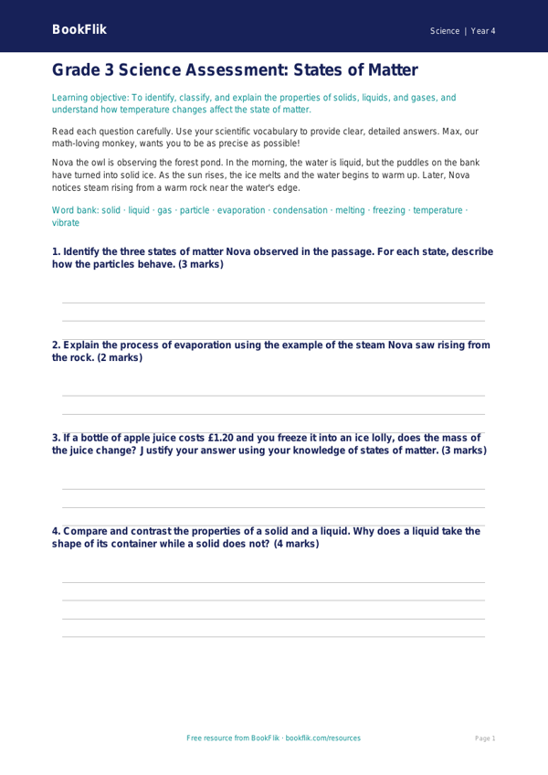 Free States Of Matter Assessment | Grade 3 | Science | BookFlik worksheet preview — Science States Of Matter