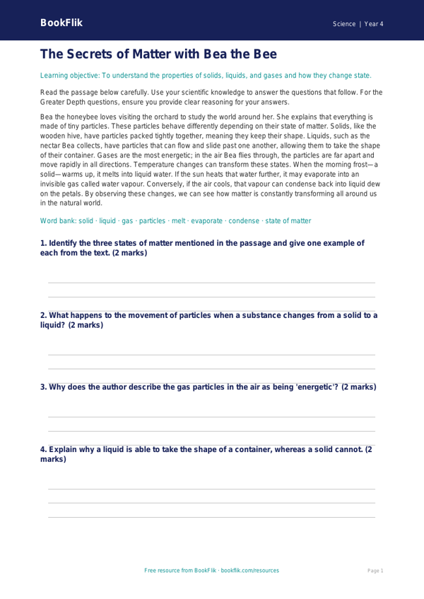 Free States Of Matter Comprehension | Grade 3 | Science | BookFlik worksheet preview — Science States Of Matter