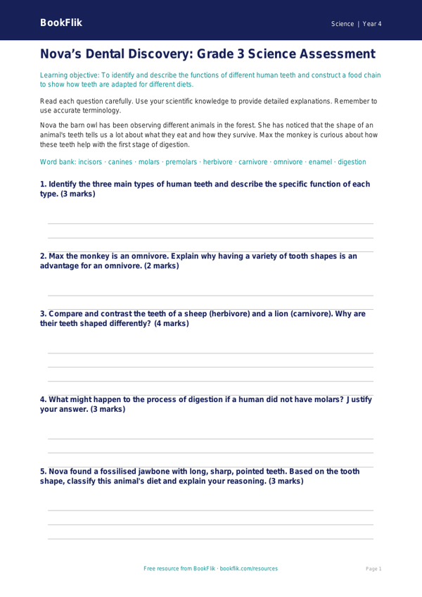 Teeth Assessment Grade 3 Free | Science Worksheet | BookFlik worksheet preview — Science Teeth