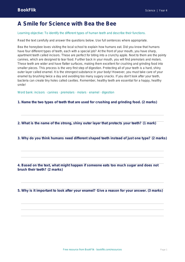 Free Teeth Comprehension | Grade 3 | Science | BookFlik worksheet preview — Science Teeth