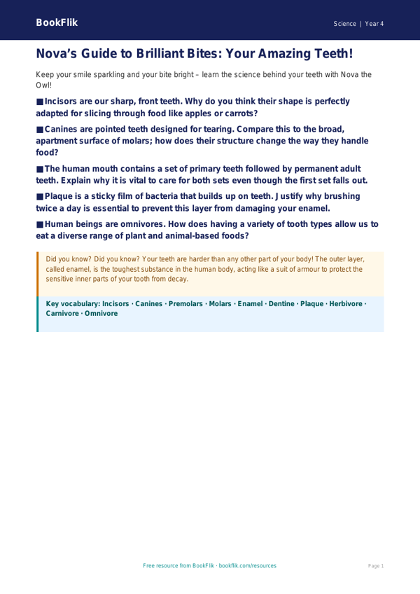 Free Teeth Poster | Grade 3 | Science | BookFlik worksheet preview — Science Teeth