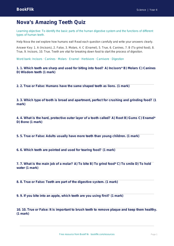 Free Teeth Quiz | Grade 3 | Science | BookFlik worksheet preview — Science Teeth
