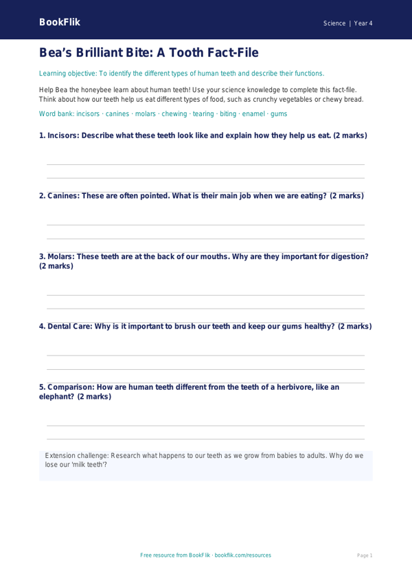 Free Teeth Template | Grade 3 | Science | BookFlik worksheet preview — Science Teeth